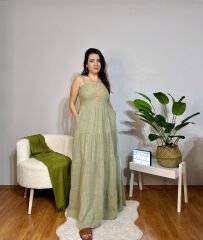 NAKIŞLI HAKİ MAKSİ PAMUK KETEN ELBİSE