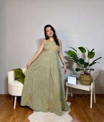 NAKIŞLI HAKİ MAKSİ PAMUK KETEN ELBİSE