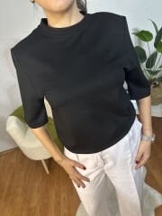 Vatkalı Bisiklet Yaka Siyah T-Shirt