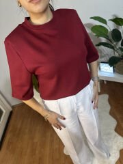 Vatkalı Bisiklet Yaka Bordo T-Shirt
