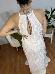 Angelica Tasarım Püskül Detaylı Maxi Beyaz Elbise